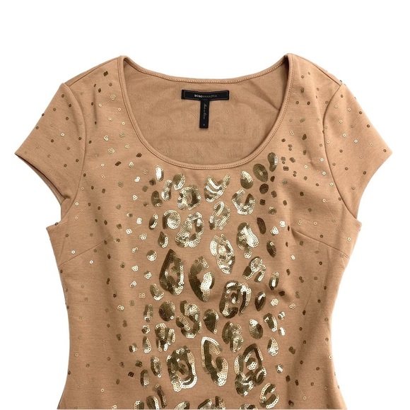 Bcbg Maxazria Leopard Spangles Jersey Stretch Bodycon Dress Camel Tan Size S - Picture 3 of 9